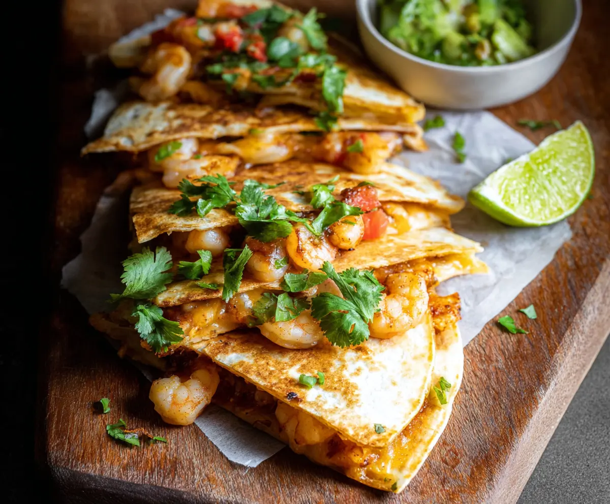 Delicious shrimp quesadillas with melted cheese and crispy tortillas on a plate.