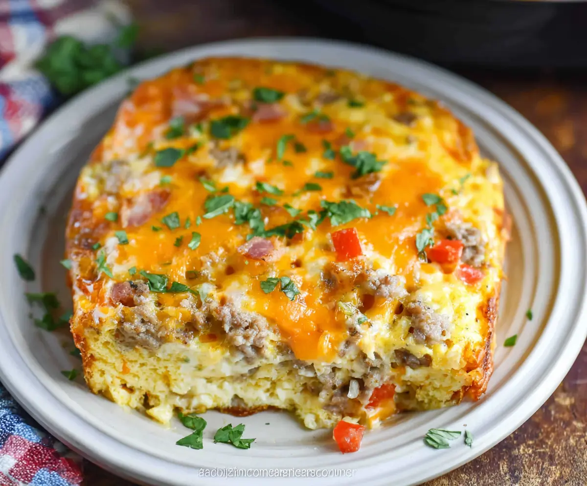 Delicious slow cooker breakfast casserole with eggs, cheese, and vegetables ready to serve.