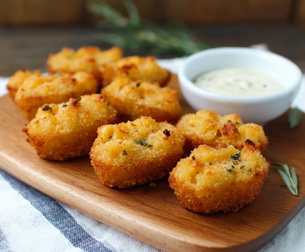 Delicious smoked Gouda mac and cheese bites on a plate, perfect for snack or appetizer.