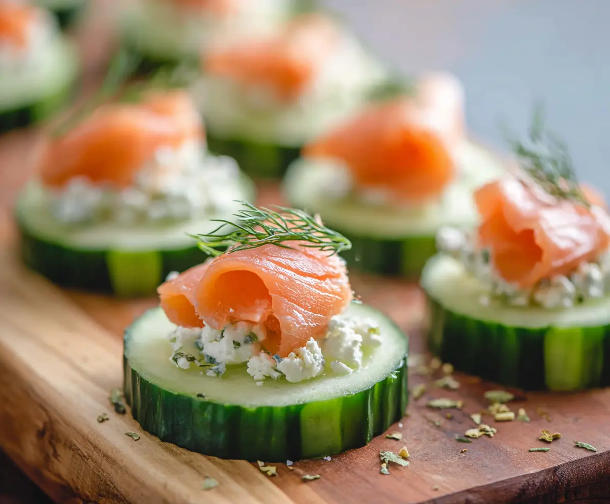 Delicious smoked salmon cucumber bites garnished with fresh herbs, perfect for appetizers or parties.
