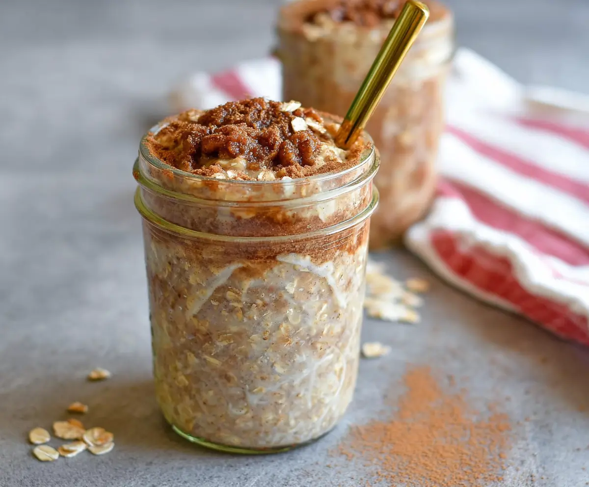 Delicious Snickerdoodle Overnight Oats in a glass jar with cinnamon and sugar topping