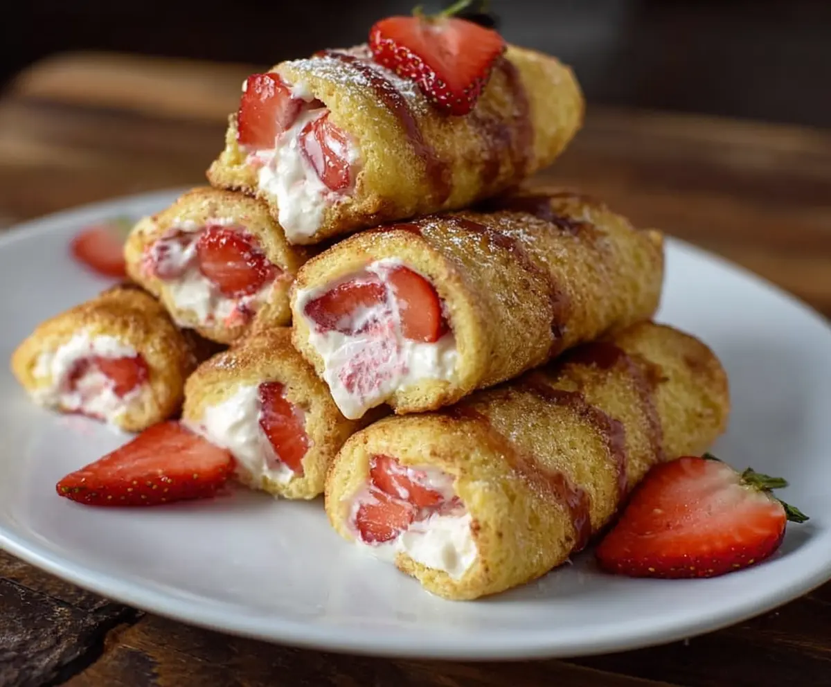 Delicious strawberry cream cheese roll ups garnished with fresh strawberries on a white plate.