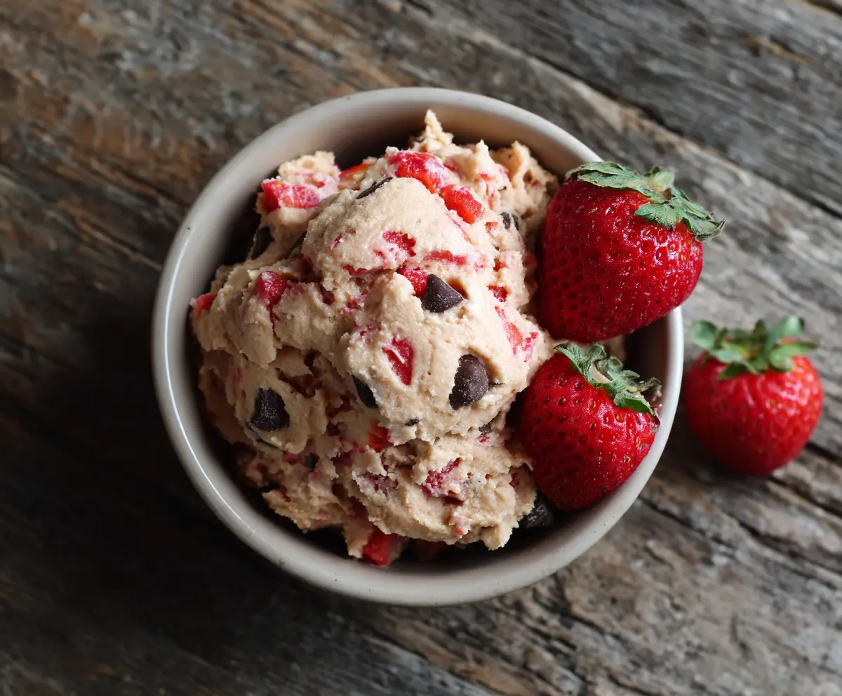 Healthy strawberry protein cookie dough served in a bowl, perfect for a nutritious snack or dessert.