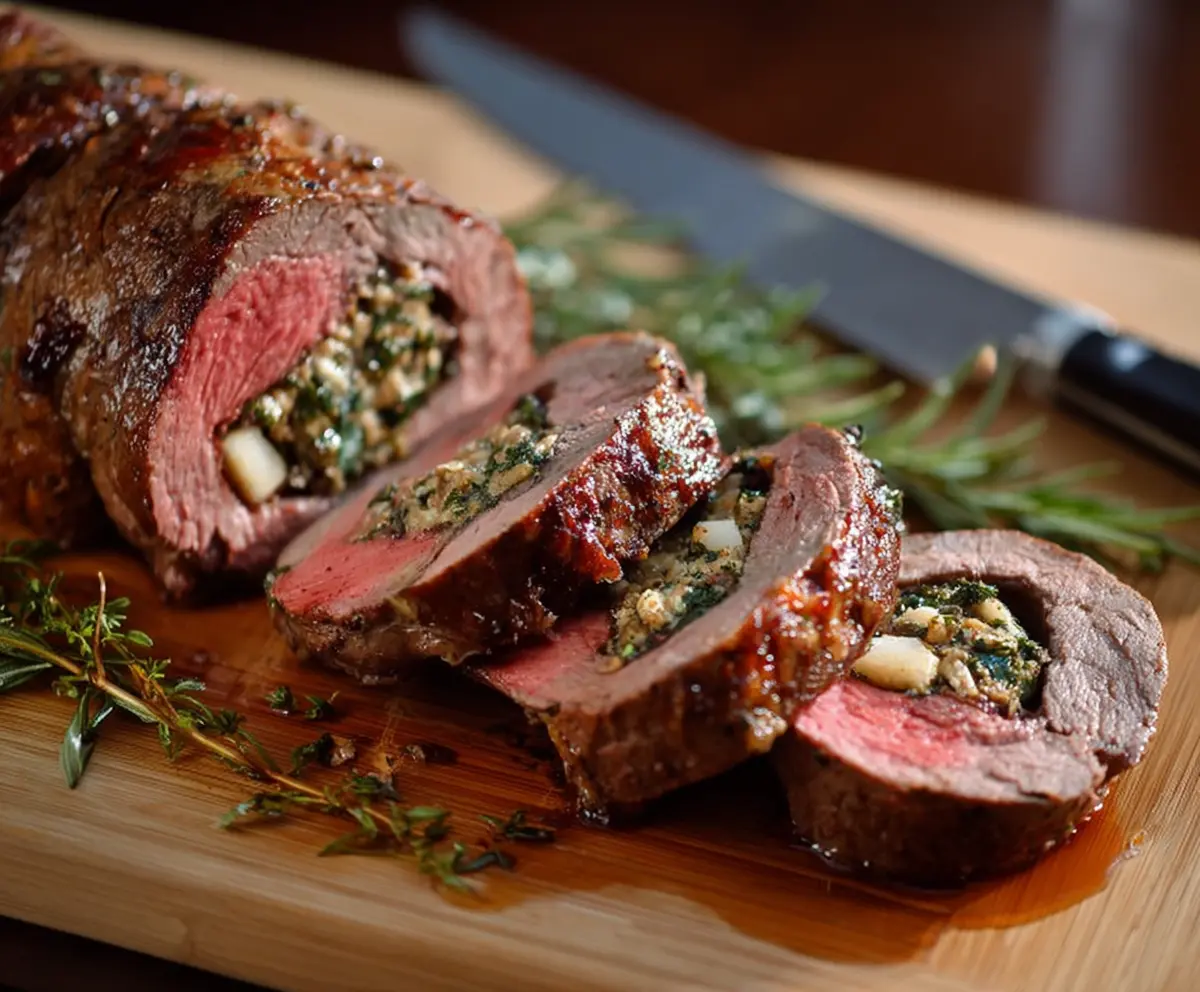 Juicy stuffed beef tenderloin dish with herbs and vegetables on a white plate.