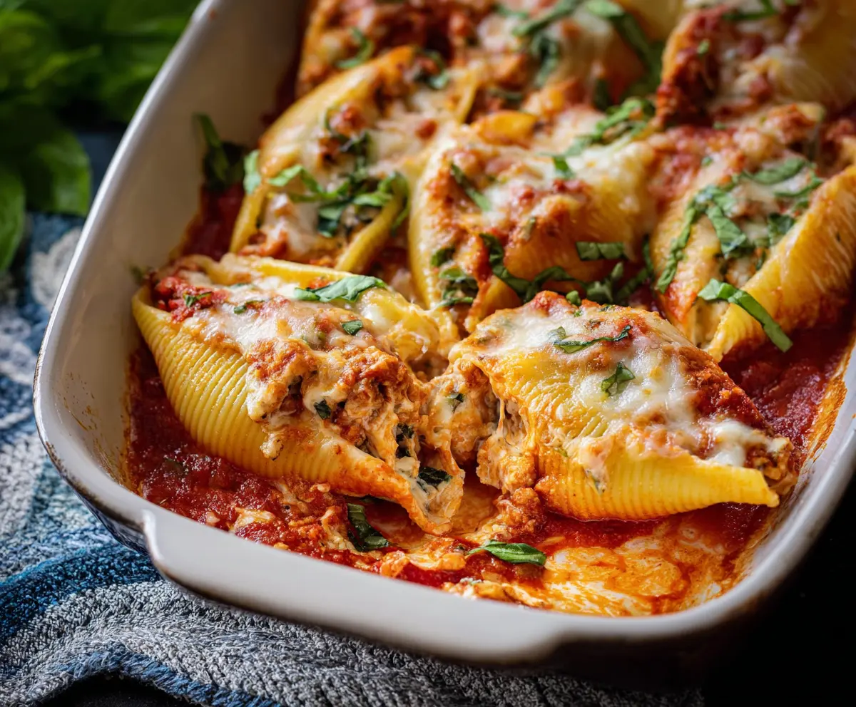 Delicious baked stuffed shells filled with creamy cheese and savory herbs, topped with tomato sauce.