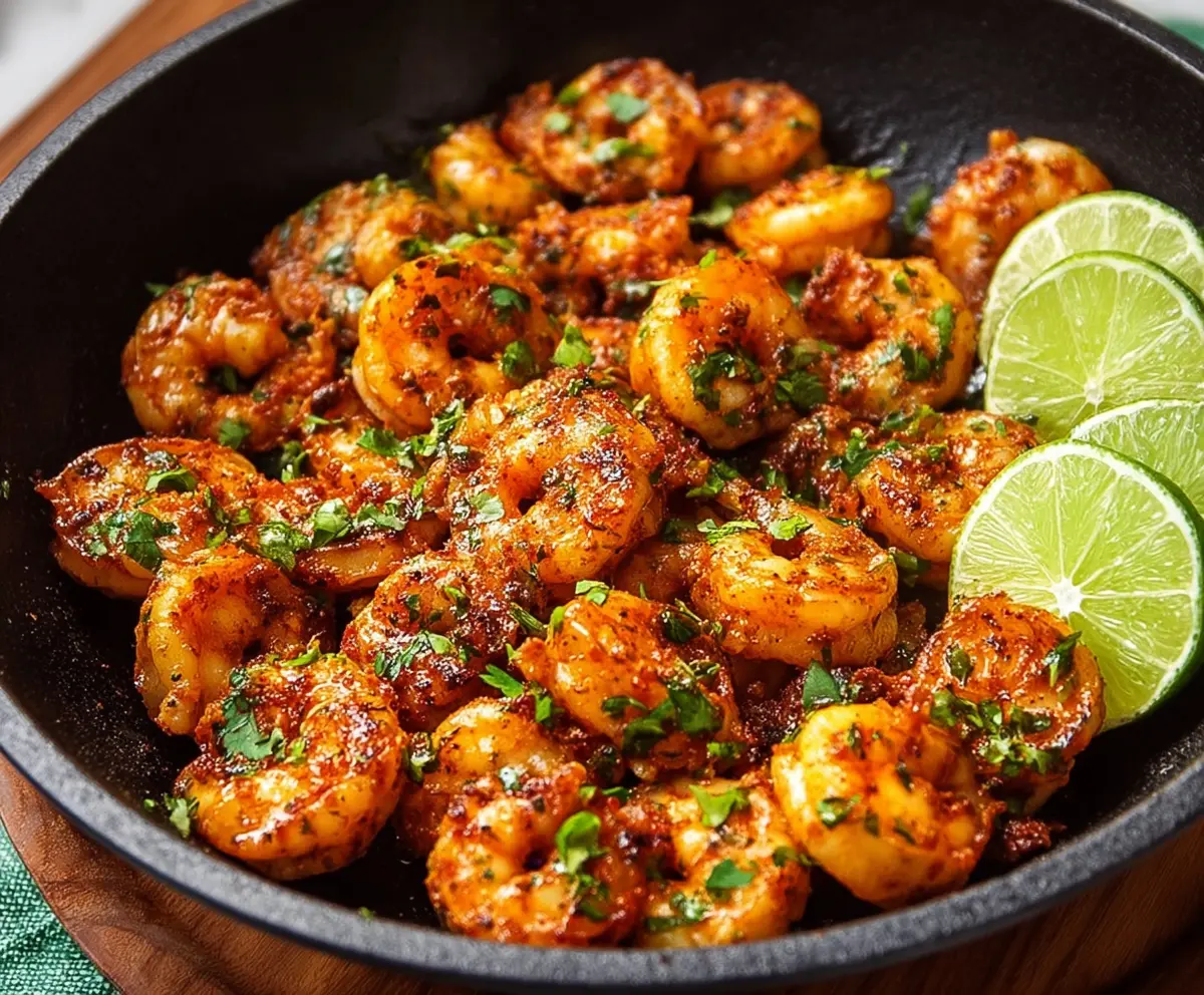 Juicy tequila lime shrimp served on a plate with fresh lime and cilantro garnish.
