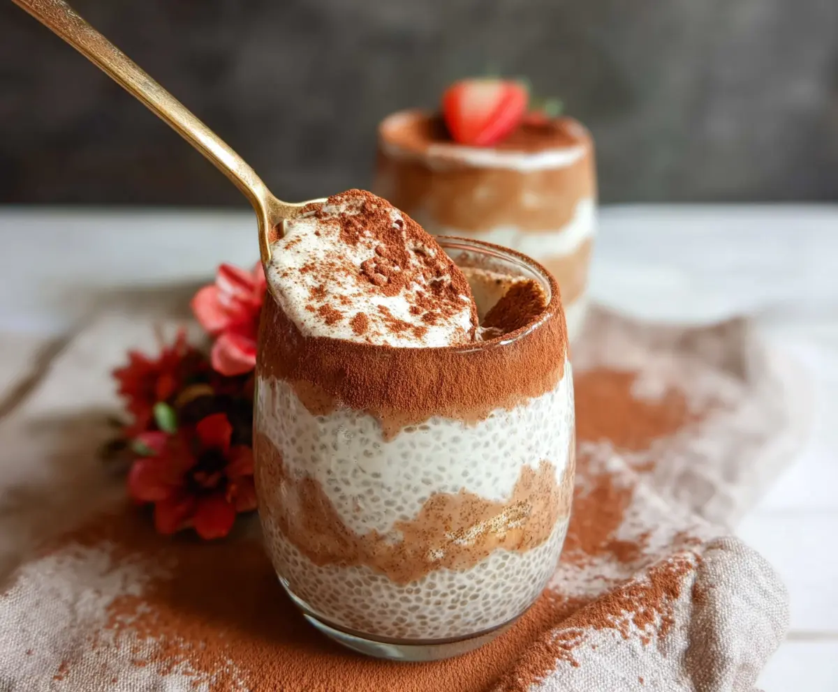 Creamy tiramisu chia pudding in a glass bowl topped with cocoa powder and coffee beans.