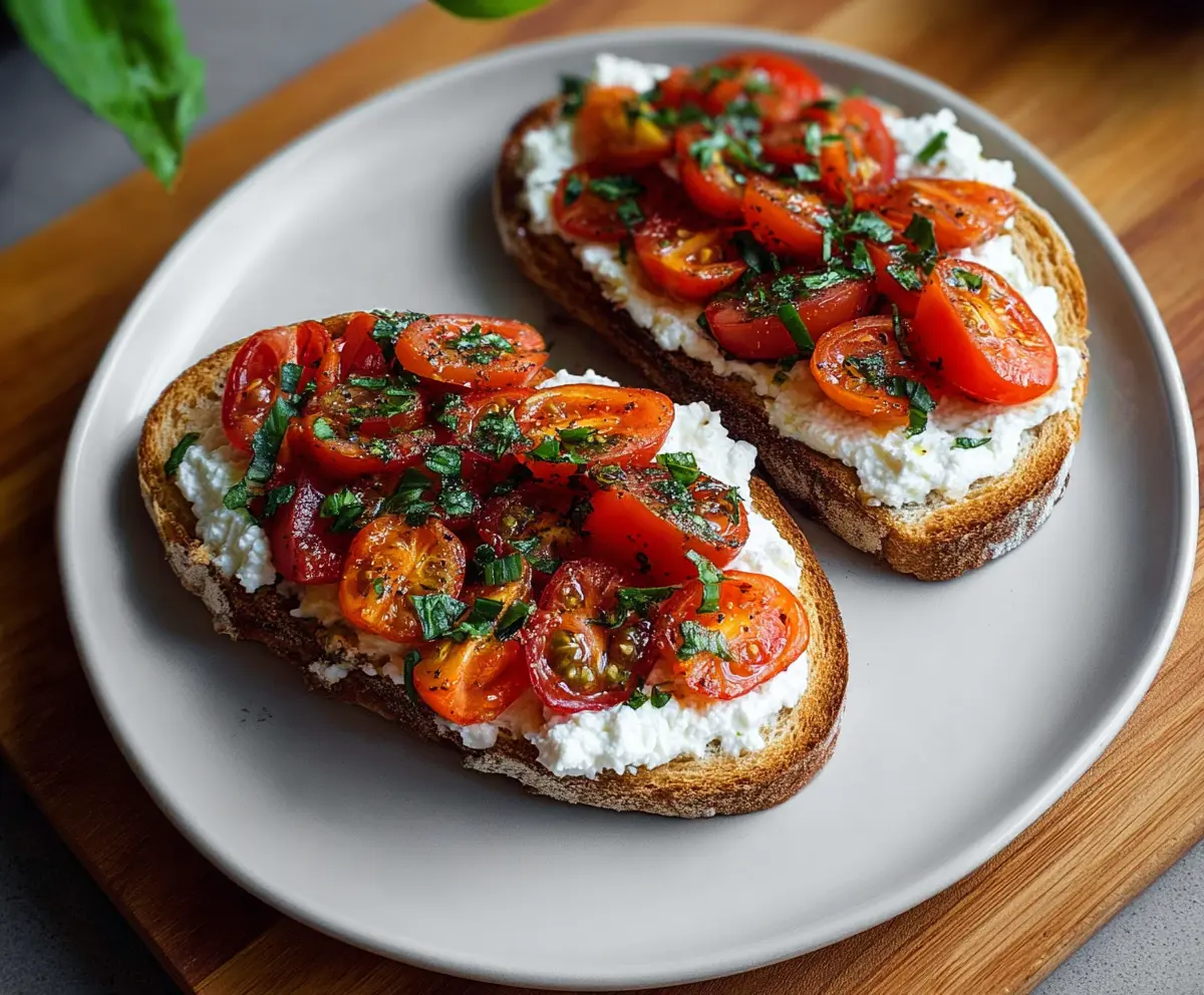 Delicious tomato and cottage cheese toast served on a plate, perfect for a nutritious breakfast or snack.