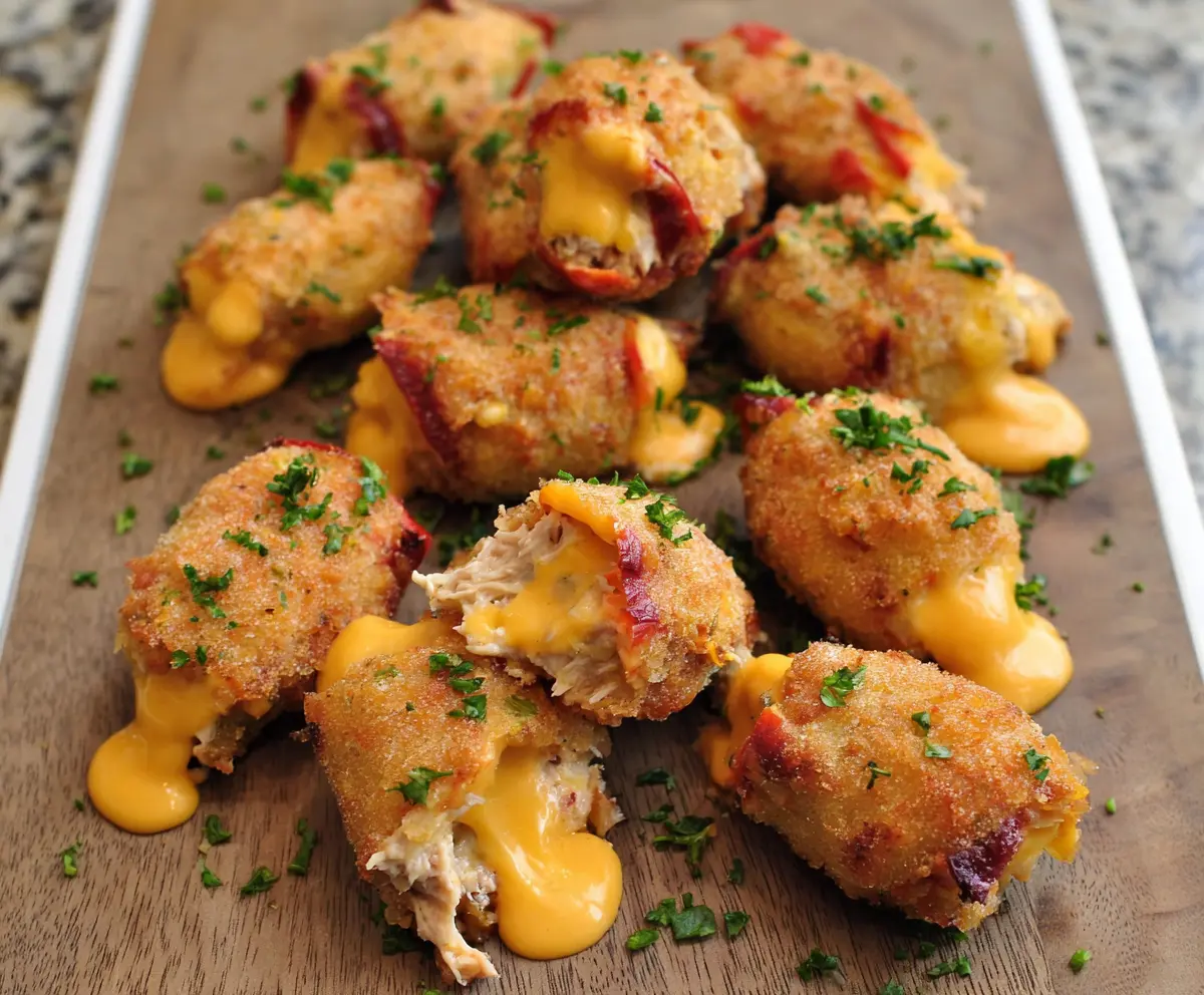 Delicious Tuna Melt Poppers with melted cheese and crispy breading, perfect for snacks or appetizers.