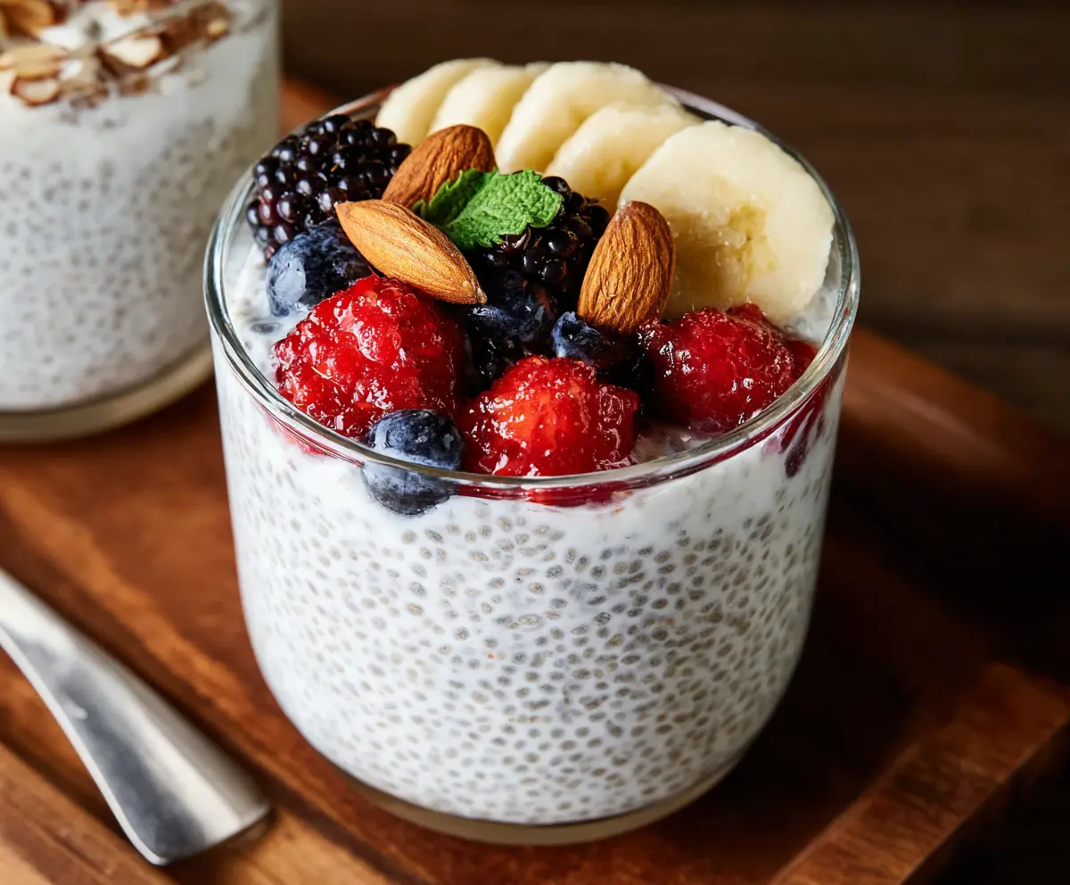 Creamy vanilla chia seed pudding topped with Greek yogurt and fresh berries, perfect for a healthy breakfast or snack.