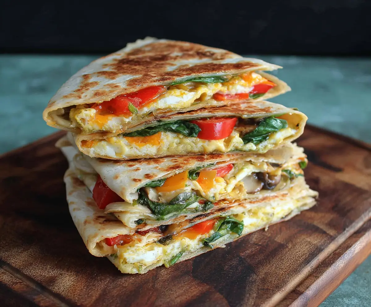 Delicious veggie breakfast quesadilla filled with colorful vegetables and melted cheese.
