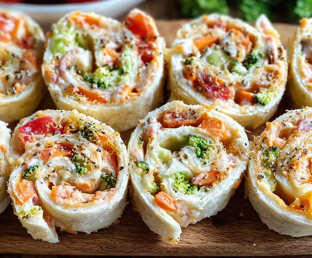 Delicious veggie pizza pinwheels with colorful vegetables and flaky crust on a wooden serving board