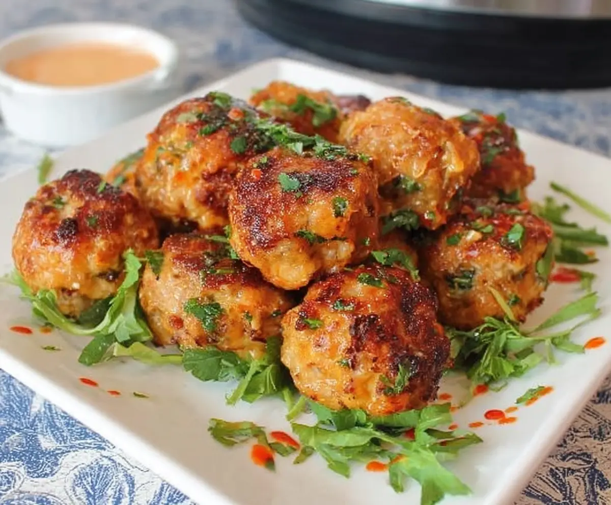 Crispy Air Fryer Bang Bang Chicken Meatballs served with spicy sauce on a plate.