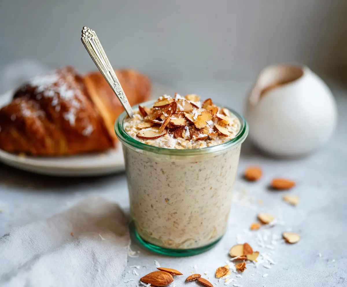 Creamy almond croissant overnight oats served in a glass jar with fresh almonds and a drizzle of honey.