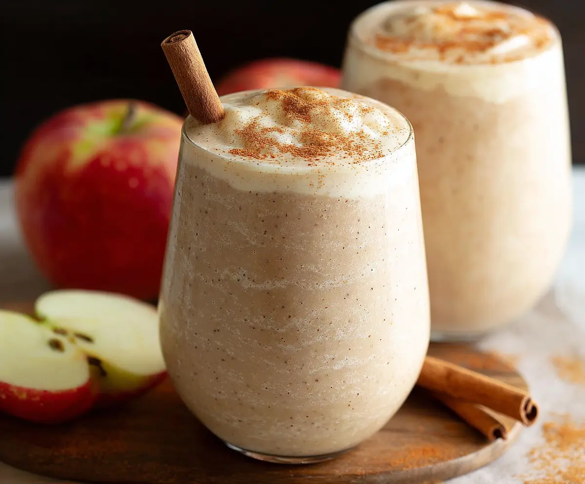 Creamy apple pie smoothie with cinnamon and fresh apple slices in a glass.
