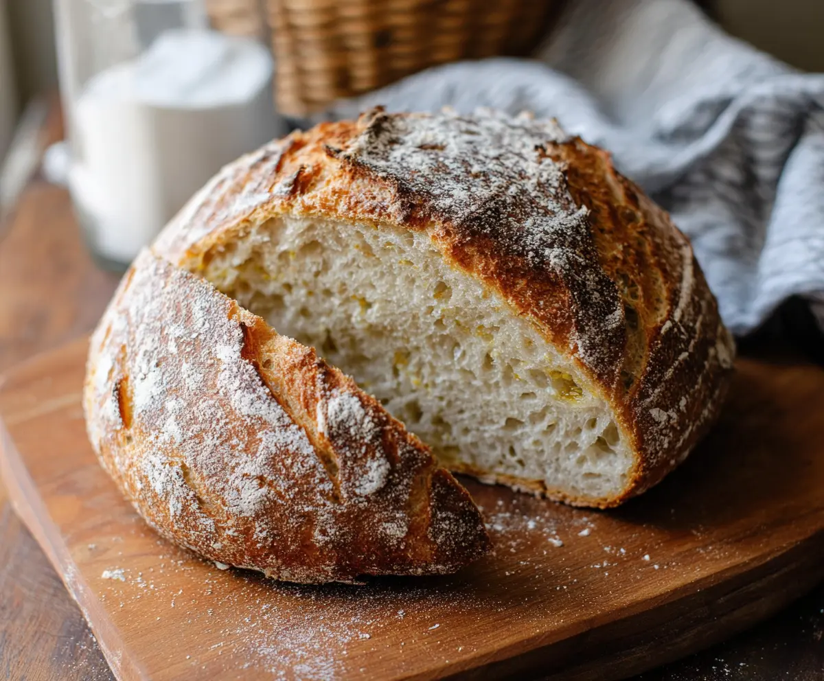 Golden artisan sourdough bread with crispy crust and airy crumb on a rustic wooden board.
