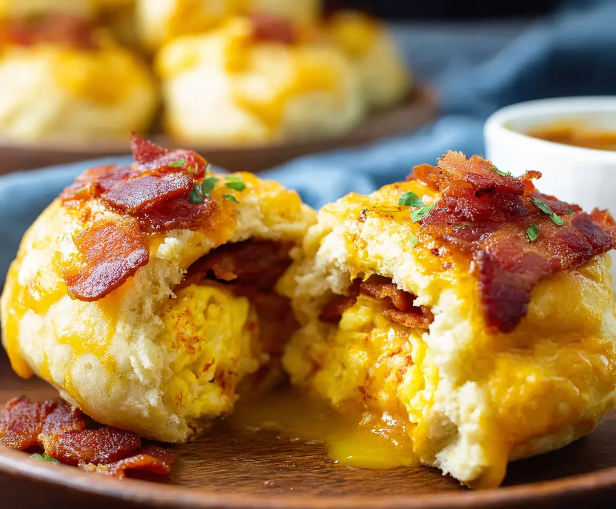 Delicious Bacon Egg Breakfast Biscuit Bombs with crispy bacon and fluffy eggs inside a golden biscuit.
