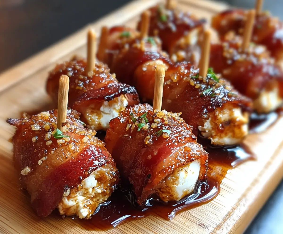 Golden bacon-wrapped mozzarella poppers glazed with sweet maple syrup, perfect for snacks or parties.