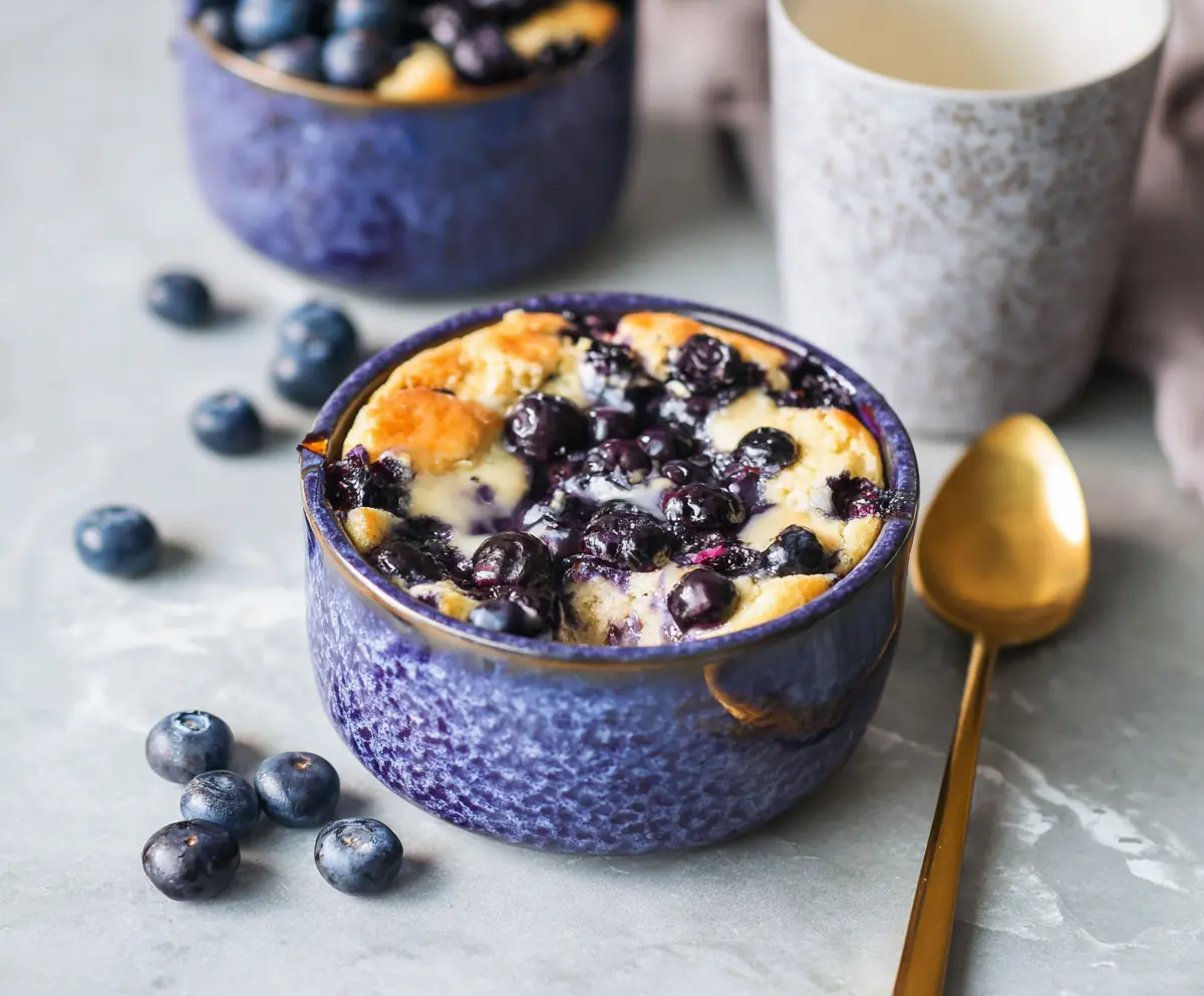Healthy baked blueberry cottage cheese breakfast bowls garnished with fresh blueberries and mint.