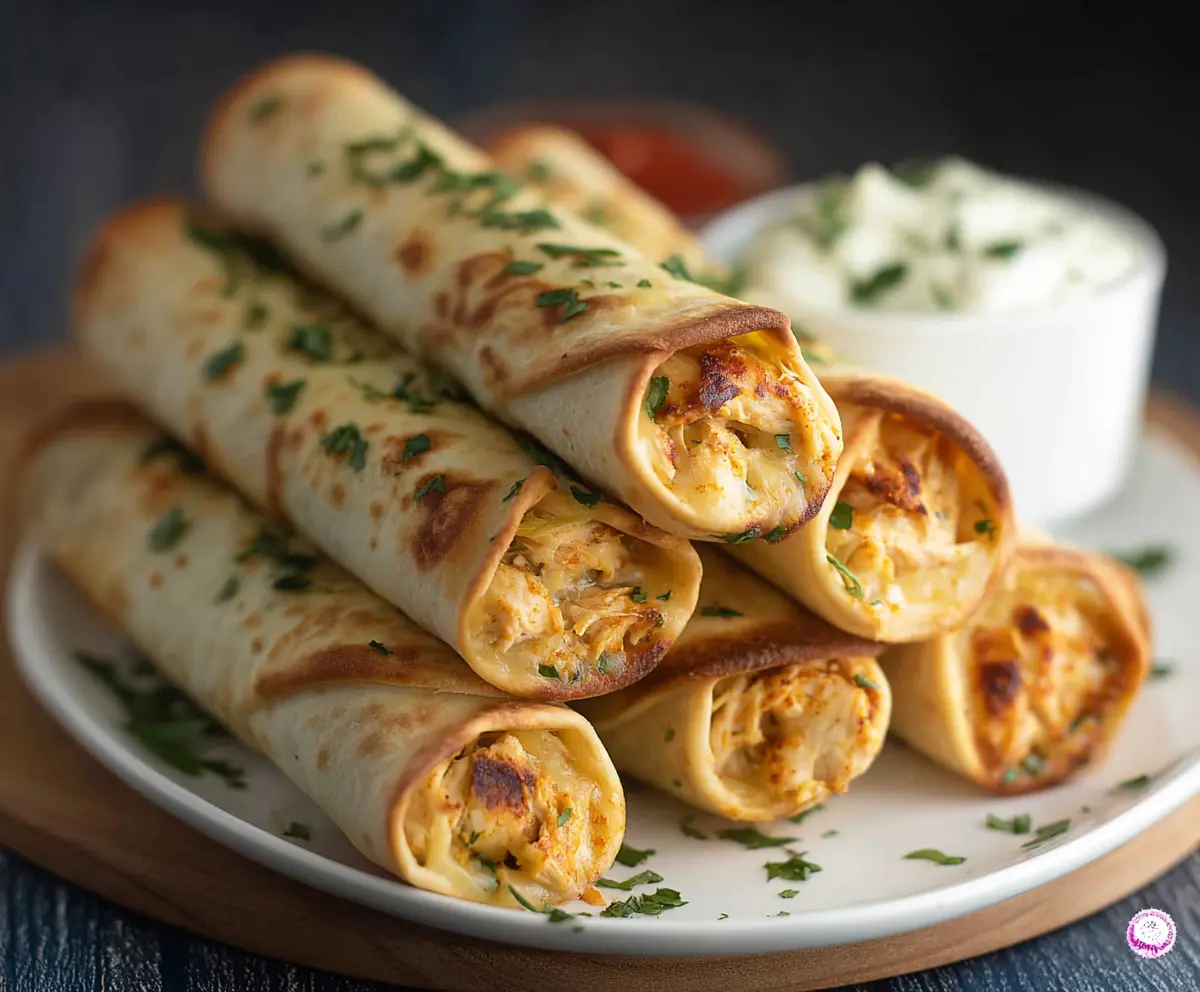 Crunchy baked chicken taquitos with crispy golden exterior, perfect for snacks or appetizers.