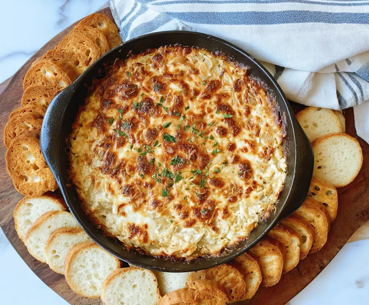 Delicious baked French onion dip with caramelized onions and melted cheese in a serving bowl.
