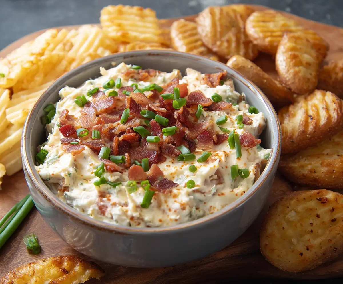 Creamy baked potato dip served in a bowl with chives and cheese topping, perfect for game day snacks.