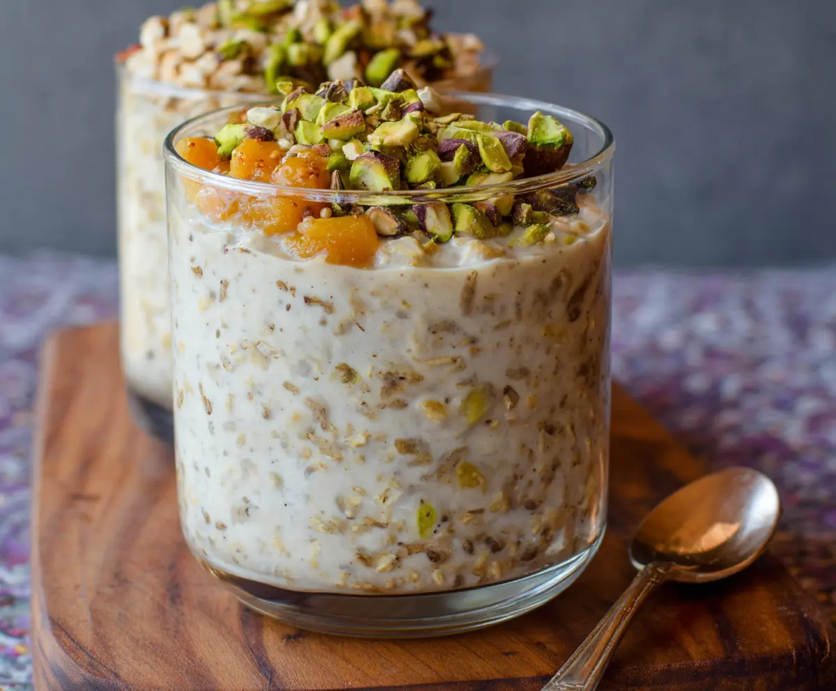 Creamy Baklava Overnight Oats topped with chopped nuts and honey for a sweet breakfast