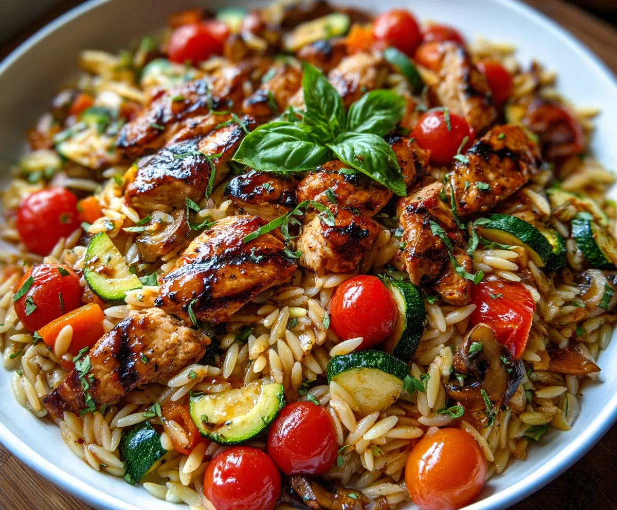 Delicious Balsamic Chicken and Veggie Orzo dish served on a plate, featuring tender chicken, colorful vegetables, and orzo pasta.