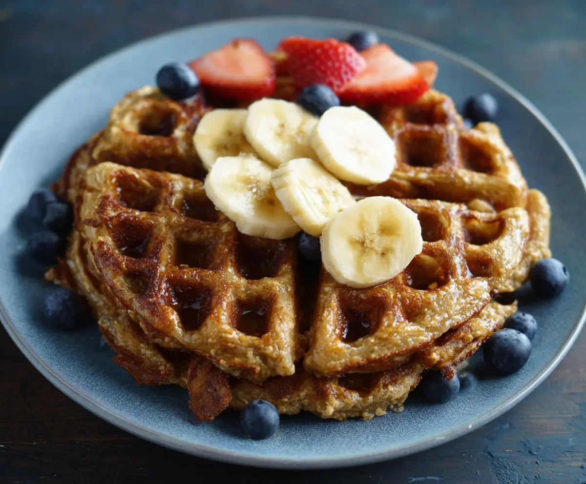 Delicious banana oatmeal waffles topped with fresh fruit and syrup for a healthy breakfast.