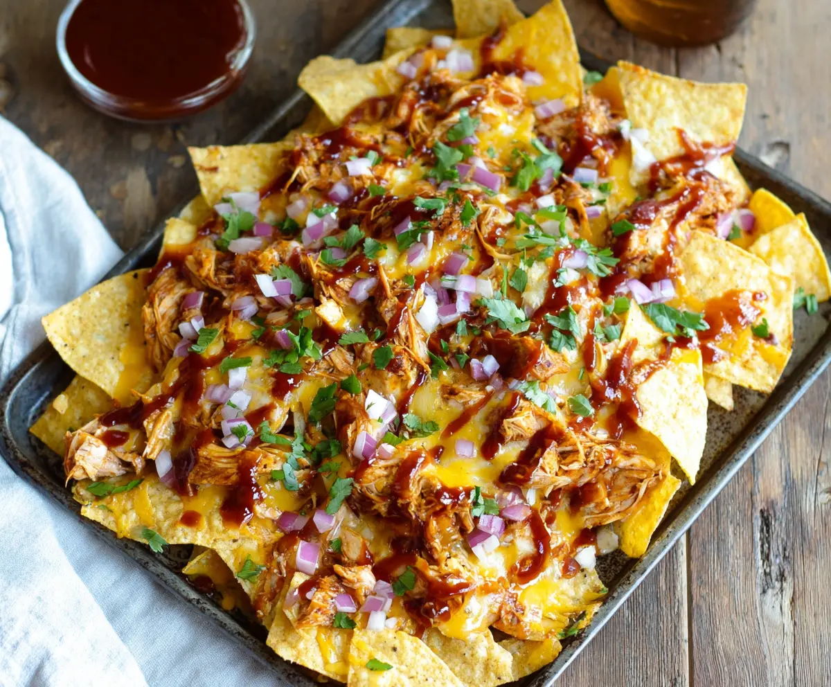 Delicious BBQ Chicken Nachos topped with melted cheese and fresh toppings on a serving plate.