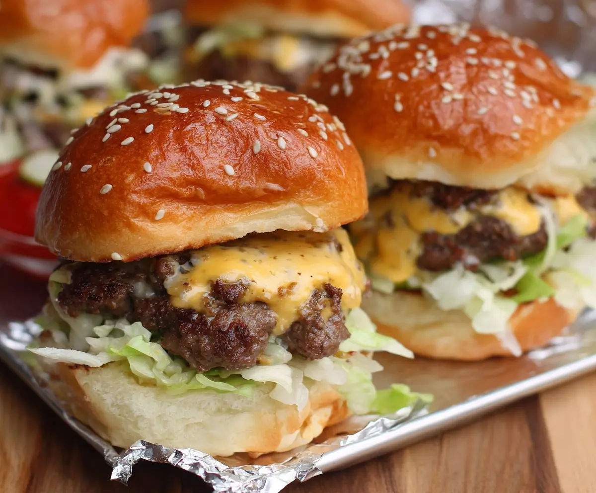Delicious beefy Big Mac sliders with fresh lettuce and melted cheese on soft buns