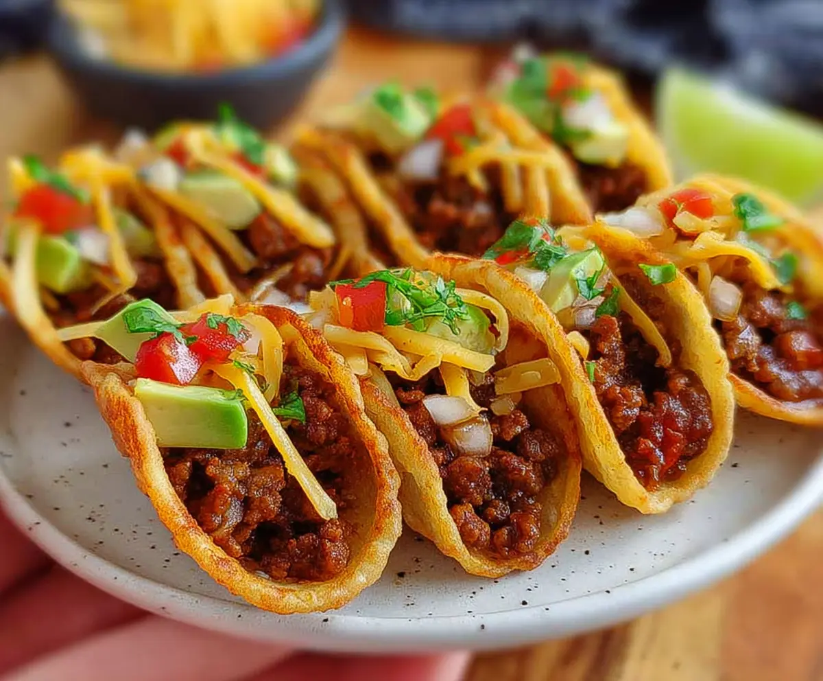 Delicious bite-sized mini tacos with fresh ingredients on a wooden platter.