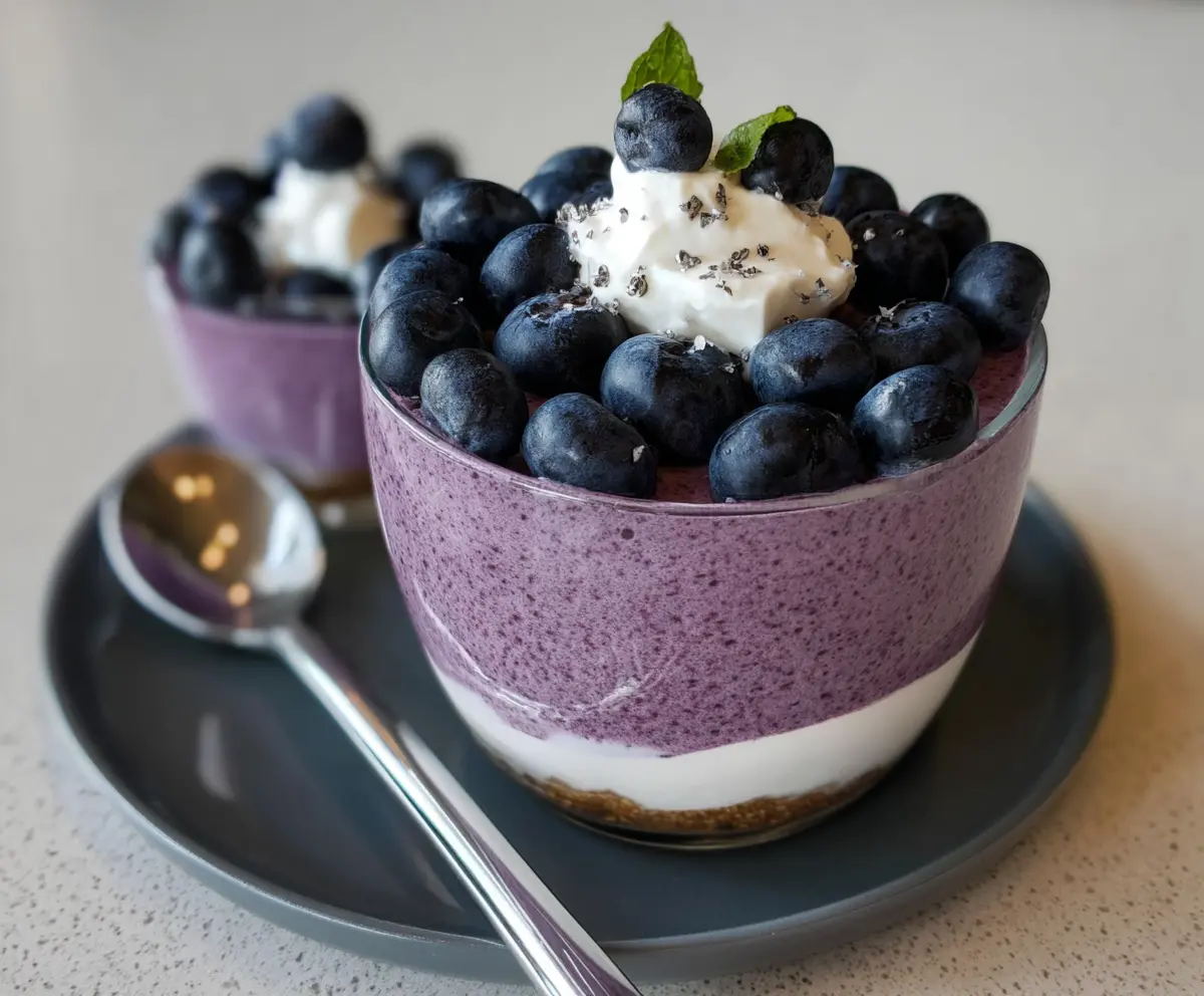 Delicious blueberries and creamy cottage cheese mousse served in a glass bowl.