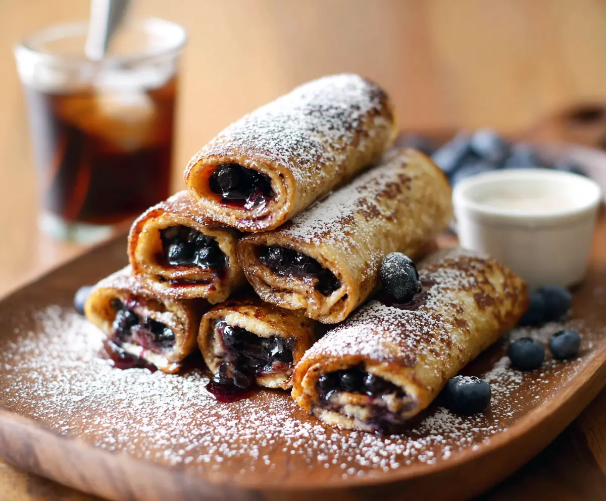 Delicious Blueberry French Toast Roll Ups topped with fresh blueberries and powdered sugar.