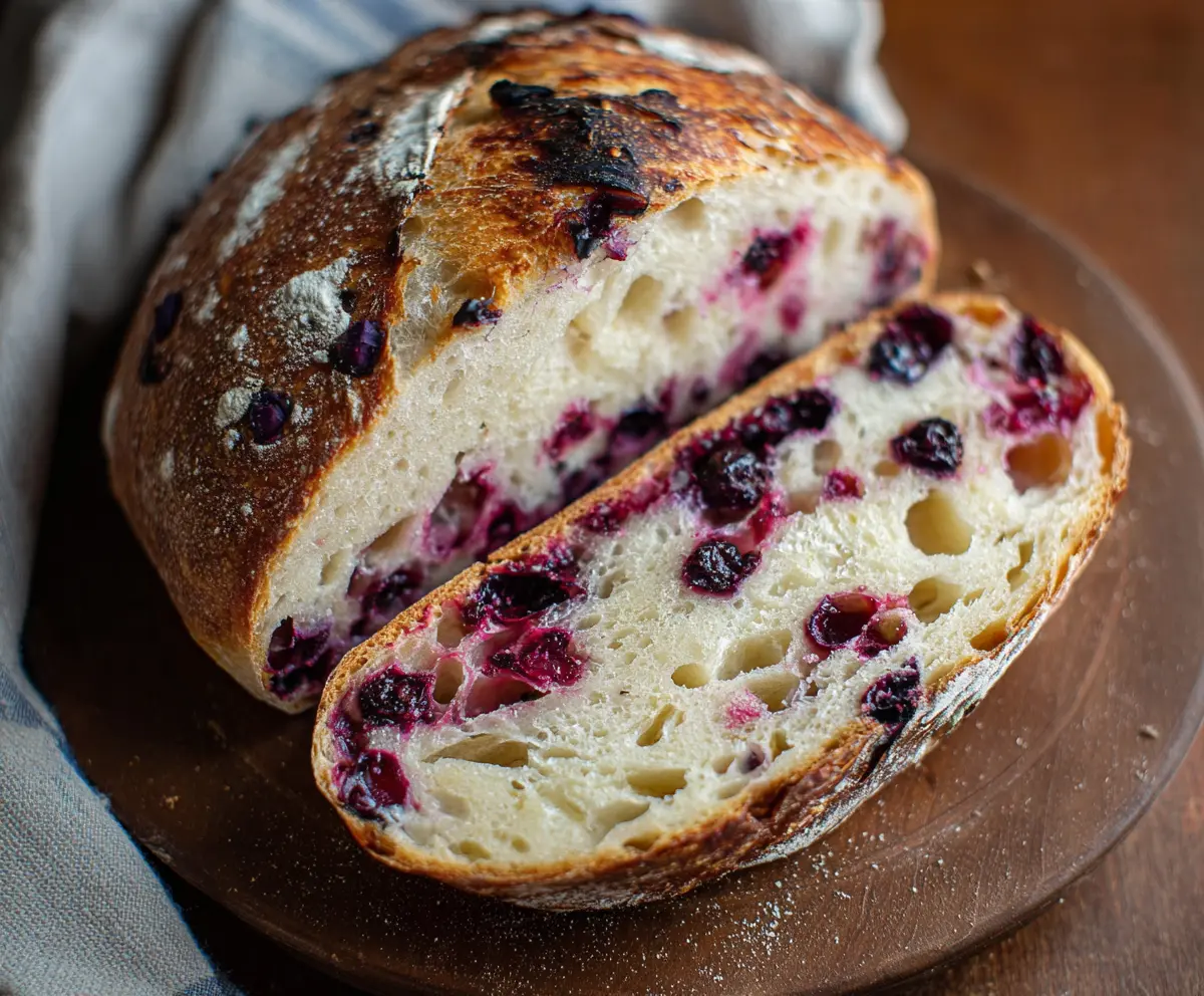 Fresh homemade blueberry lemon sourdough bread on a rustic wooden table, garnished with blueberries and lemon slices.
