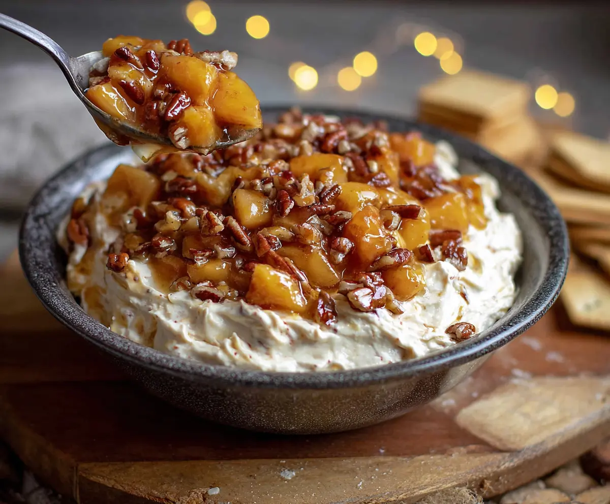 Delicious Bourbon Peach Pecan Dip served in a bowl, perfect for entertaining and summer gatherings.