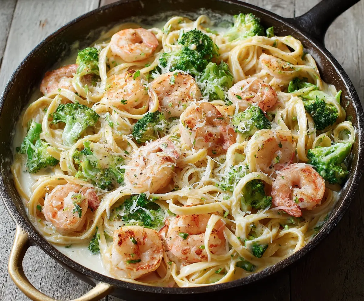 Creamy broccoli and shrimp Alfredo pasta dish garnished with Parmesan cheese.