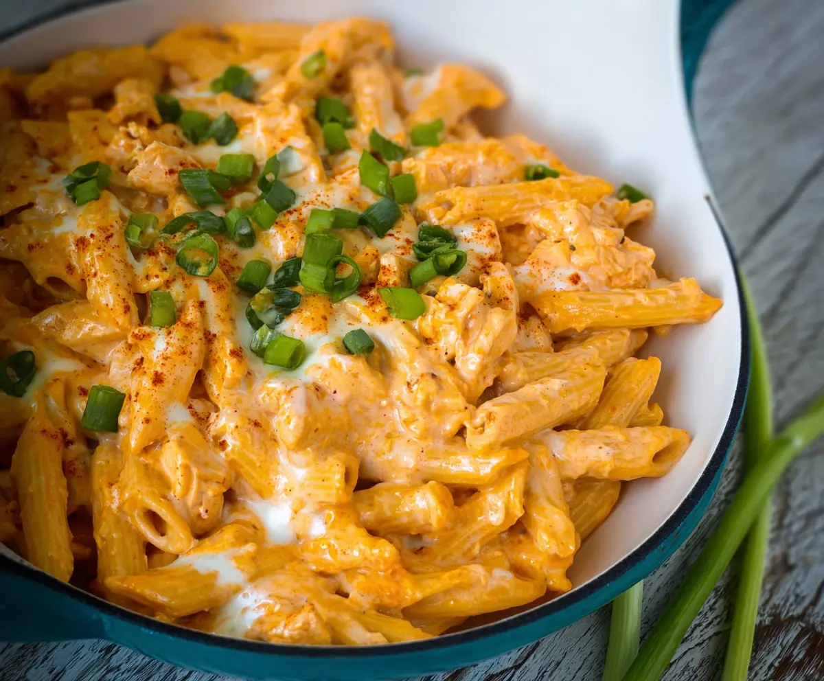 Creamy Buffalo Chicken Alfredo Penne pasta with spicy chicken chunks and melted cheese served on a plate.