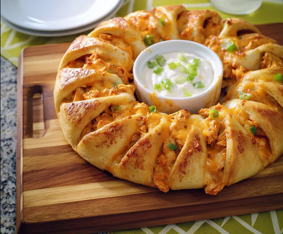Delicious Buffalo Chicken Crescent Ring garnished with fresh herbs on a serving platter.