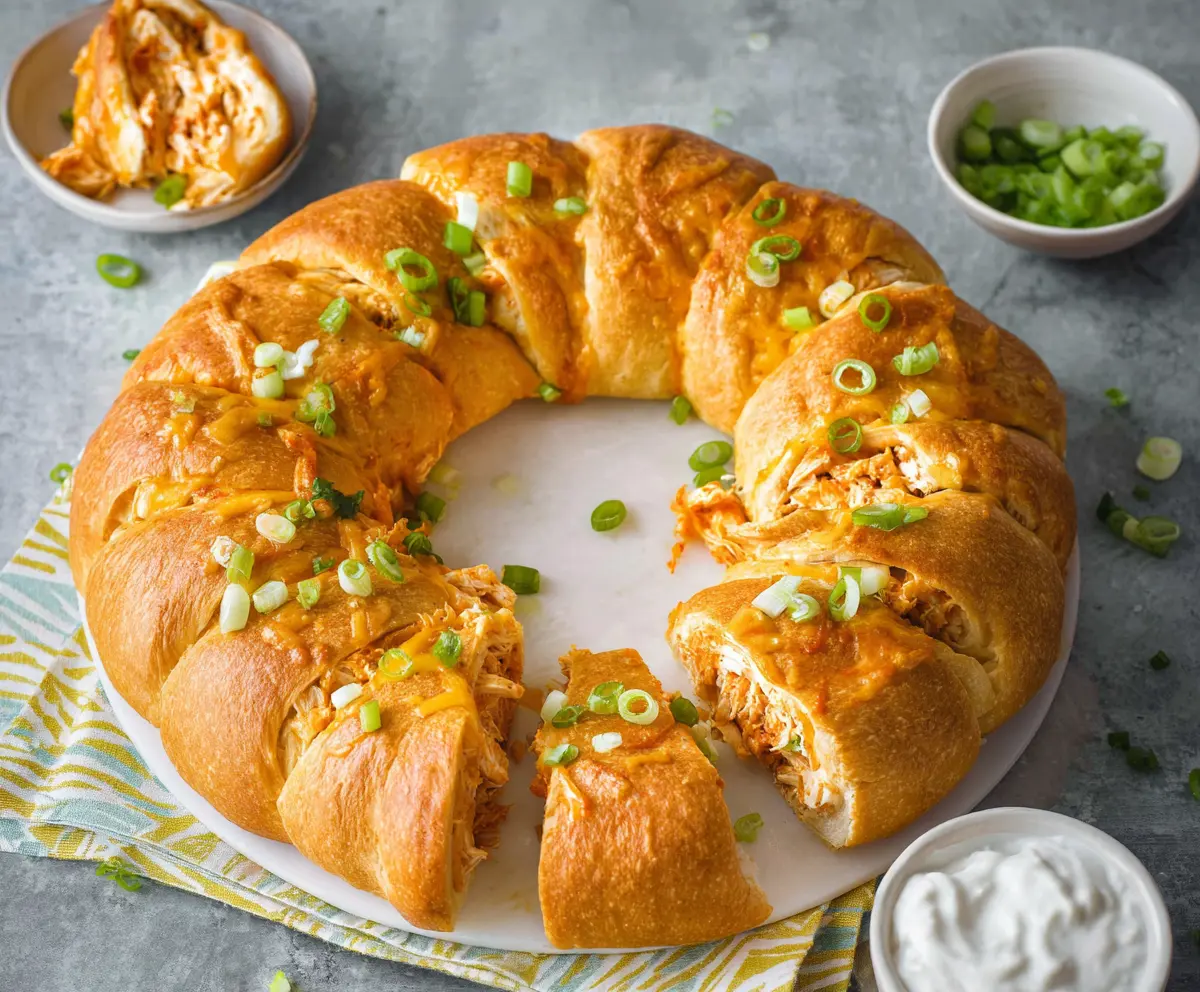 Delicious Buffalo Chicken Crescent Roll Ring filled with spicy chicken and creamy sauce.