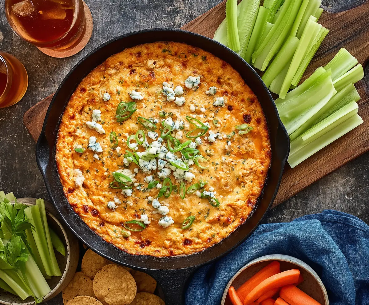 Delicious Buffalo Chicken Dip topped with blue cheese crumbles and fresh celery sticks.