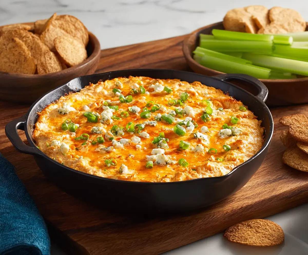 Creamy Buffalo Chicken Dip served with celery sticks, perfect for parties and game day Snacking.