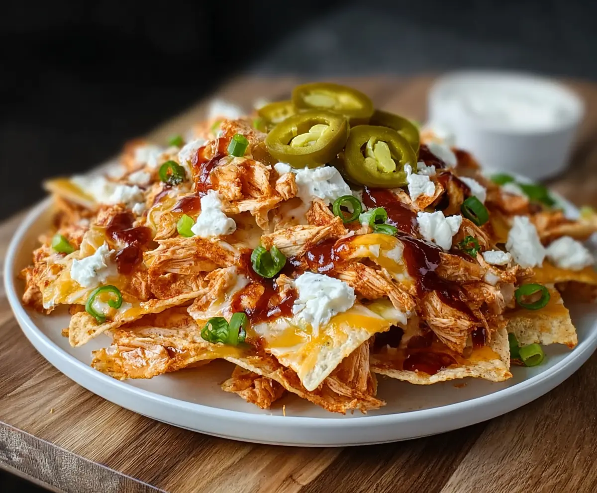 Spicy Buffalo Chicken Nachos topped with melted cheese and fresh jalapenos on a serving platter.