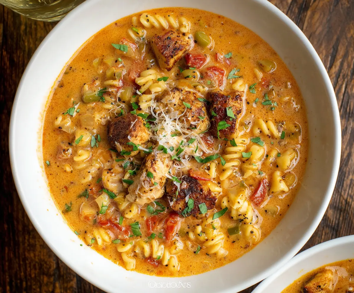 Creamy Cajun Chicken Soup Pasta with fresh herbs and spices in a savory bowl.