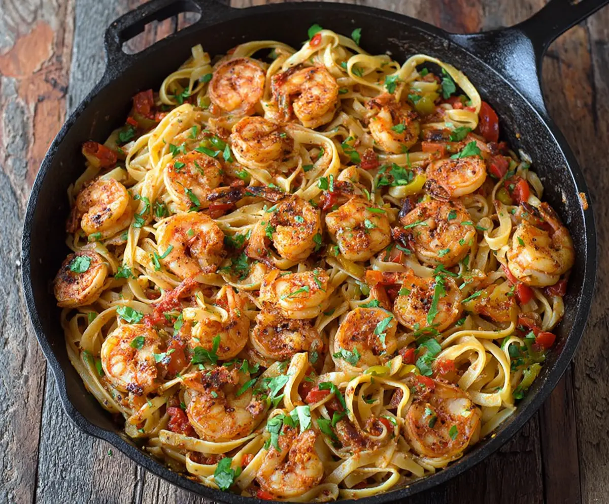 Delicious Cajun Shrimp Pasta with spicy seasoning and fresh ingredients