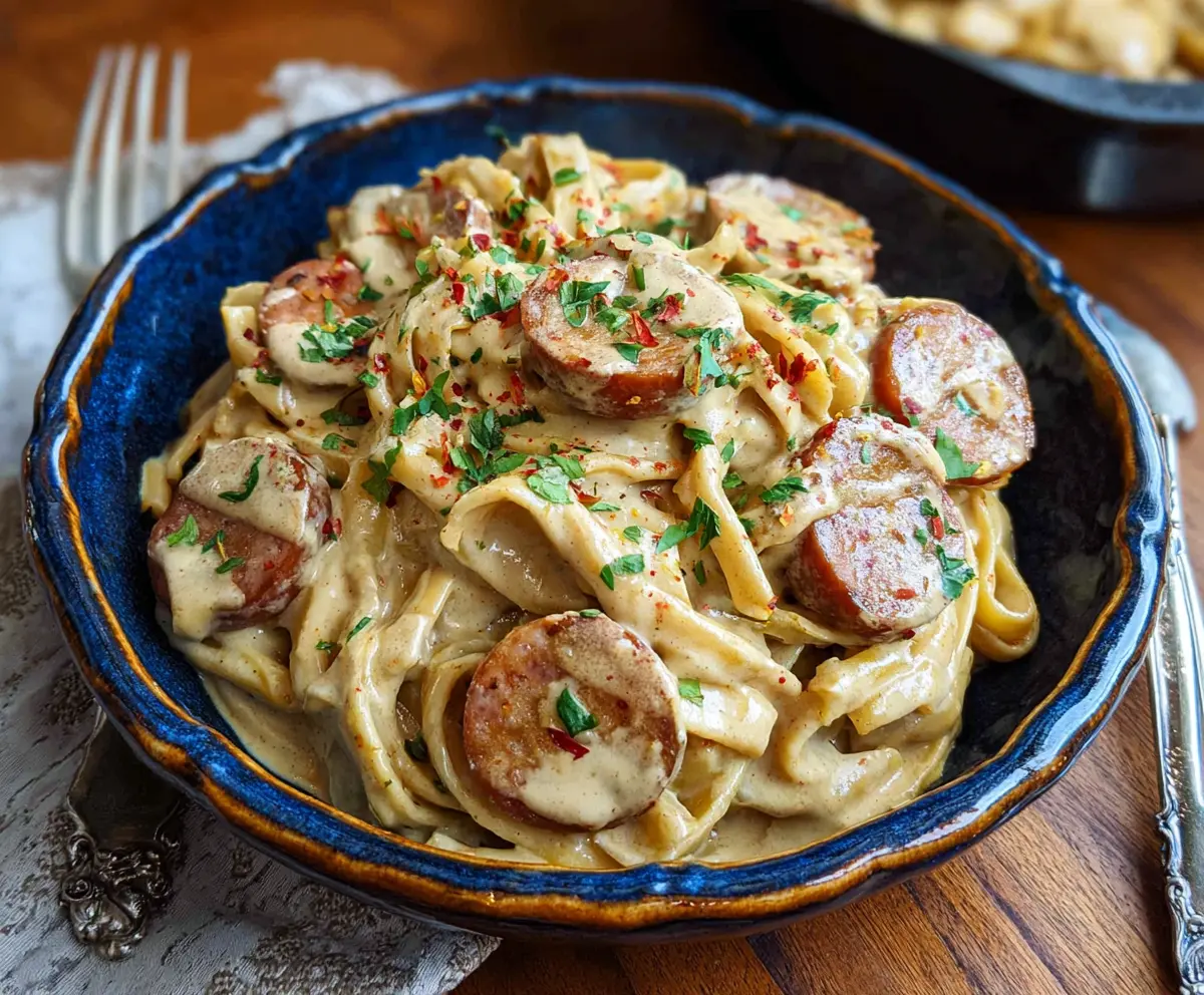 Creamy Cajun smoked sausage Alfredo pasta with spicy seasonings and melted cheese.