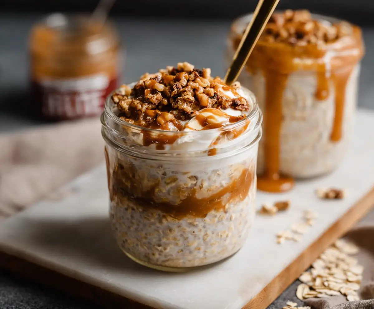 Creamy Caramel Macchiato Overnight Oats in a glass jar topped with caramel drizzle and coffee beans.