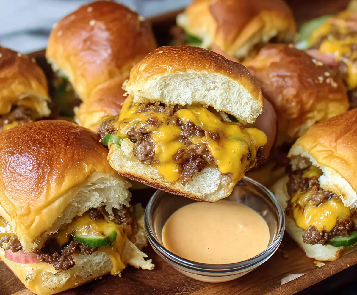 Delicious homemade cheeseburger sliders with melted cheese, slider buns, and juicy beef patties on a plate.