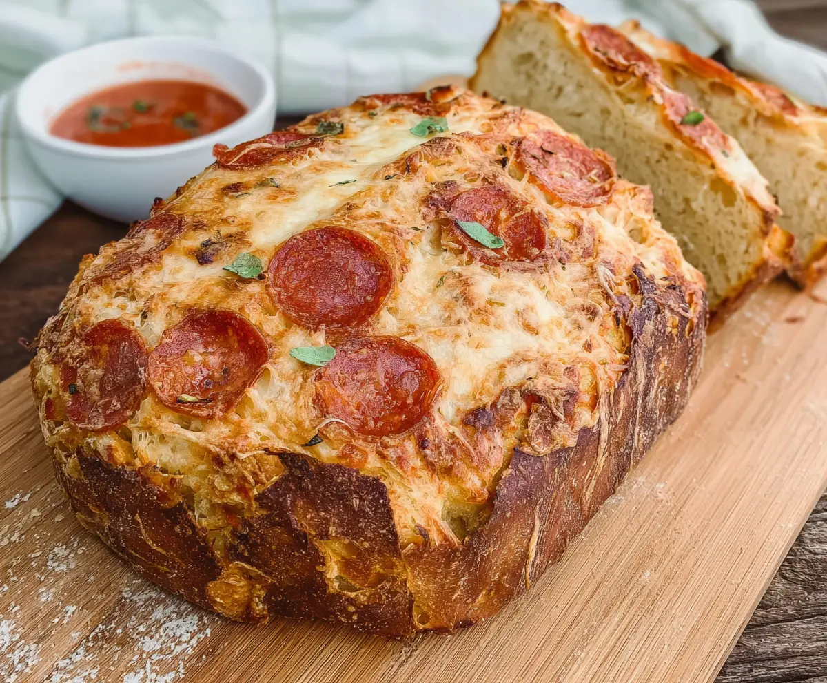 Delicious cheesy pepperoni sourdough pizza bread fresh out of the oven, highlighting its crispy crust and melted cheese topping.