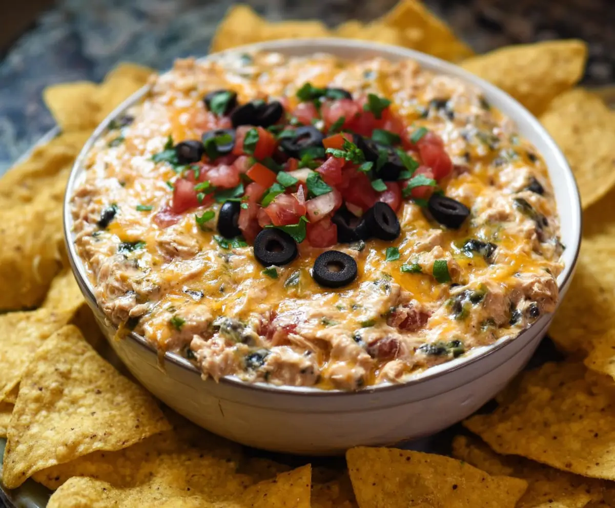 Delicious Chicken Taco Dip with melted cheese, salsa, and fresh toppings in a serving bowl.
